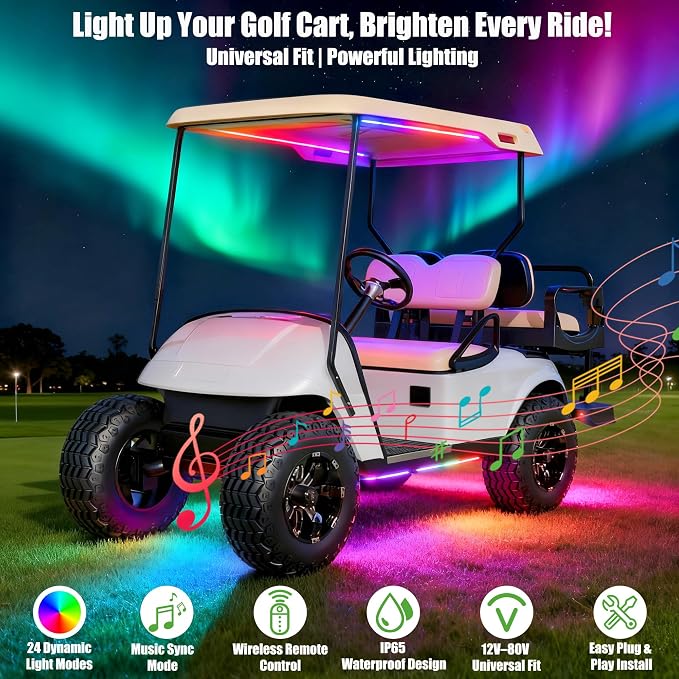 10L0L Golf Cart Underglow Light Kit with Canopy Lights, IP67 Waterproof, 24 Dream Color Modes Wireless Remote Music Sync, 12V-80V Wide Voltage Fit for Yamaha EZGO Club Car