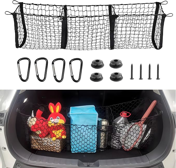 BAILALIBO 3-Pocket Cargo Net with Metal Hooks, 43.5x11.8 in | Expandable elastic net, heavy-duty for SUV/truck/pickup, secure trunk storage, stretchable organizer for exterior