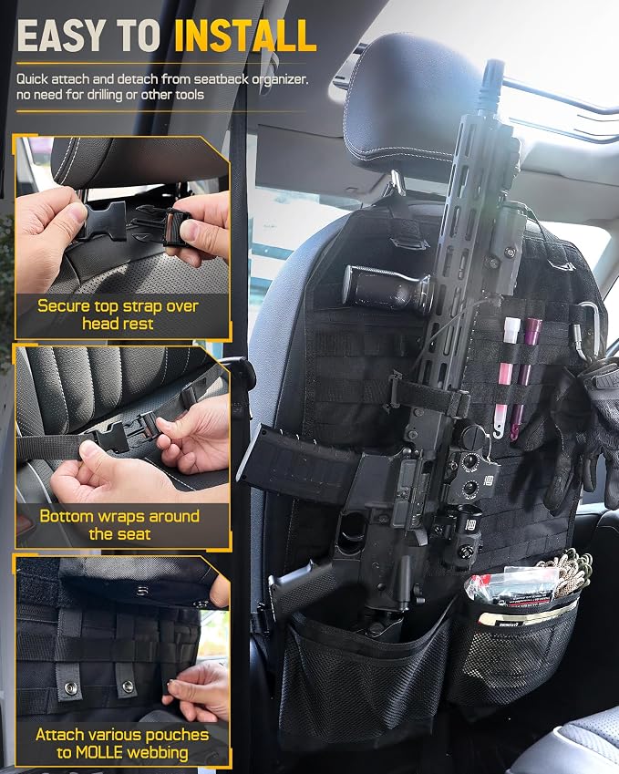 WYNEX MOlle Car Backseat Organizer Detachable 4 Molle Pouches for Road Trip | Truck Seat Back Storage & Organizer Molle Panel with Tactical Bag, Fits Most Cars, SUVs, Pickups, Jeepd, Trucks, Vans