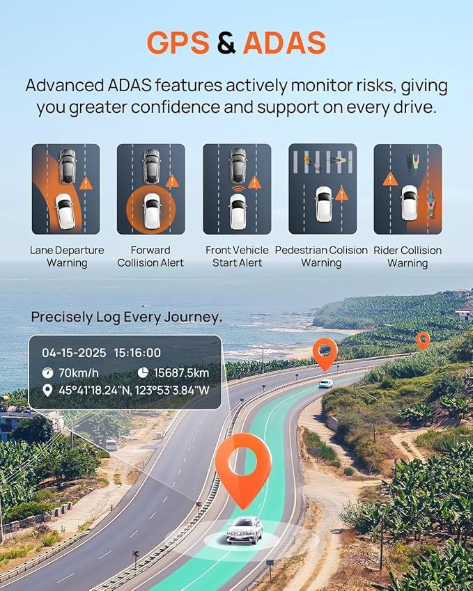 70mai 4K Dash Cam Front and Rear, Built in Wi-Fi 6 & GPS Car Camera, Super Night Vision, ADAS, 3'' IPS Screen, 24H Parking Mode, Time-Lapse, Loop Recording, with 128GB Card (A800SE) (Pack of 2)
