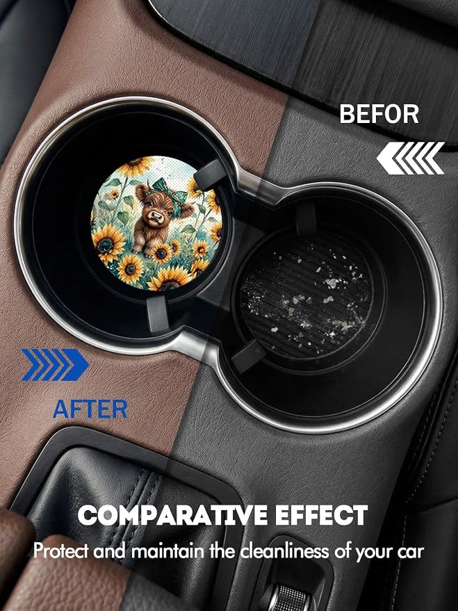 WOCOCN Car Coasters for Cup Holders - 2 Pack 2.75" Universal Rubber Car Cup Coaster, Non-Slip Waterproof Car Interior Accessories, Cute Car Decor Gifts for Women and Men (Calf & Sunflower)