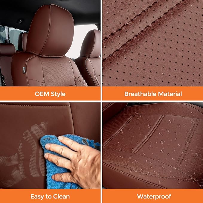 DrCarNow for Toyota Tacoma Seat Covers 2016-2023, Fit for Tacoma 3rd Gen Leather Pickup Seat Cover Crew Cab/Double Cab 2016 2017 2018 2019 2020 2021 2022 2023 Waterproof Full Set Accessories Brown