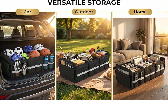 CloudDream Car Trunk Organizer, 100L Extra Large Capacity SUV Cargo Storage with 3 Compartments & 6 Pockets, Waterproof Collapsible Organizer for SUV, Truck, Minivan, Sedan, Auto Accessories