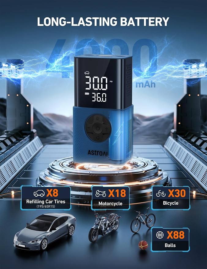 AstroAI L7S Tire Inflator Portable Air Compressor Cordless with Digital Pressure Gauge, 150 PSI LED Light Bike Air Pump with Fast Inflation & Auto Shut-Off for Car Tires,Motorcycles,Bikes,Balls,Blue