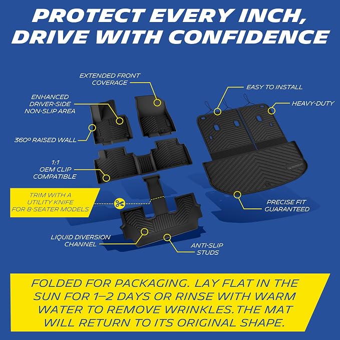 Michelin Vehicle Mats, All-Weather TPE Custom Fit Liner for 2027 Kia Telluride Hybrid 7 & 8 Seats (5 Piece), Premier