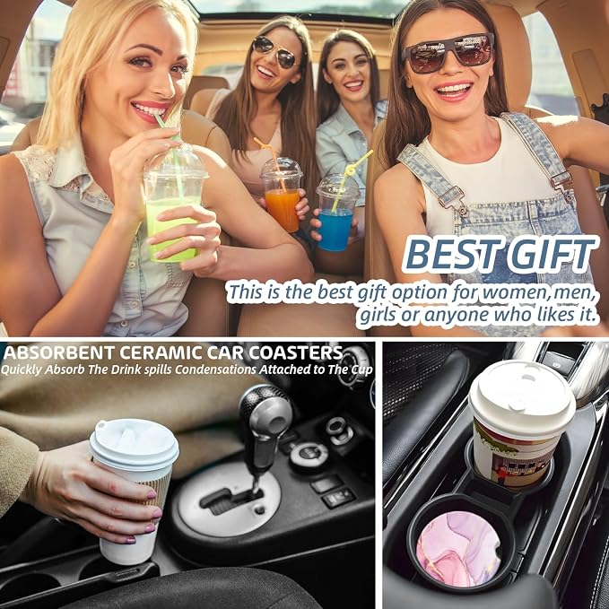 Cup Holder for Car,Pink Gold Liquid Marble Print Ceramic Coasters Non-Slip Cup Holder Insert with Fingertip Grip, Auto Interior Accessories for Women & Men,Pack of 2, 2.56In