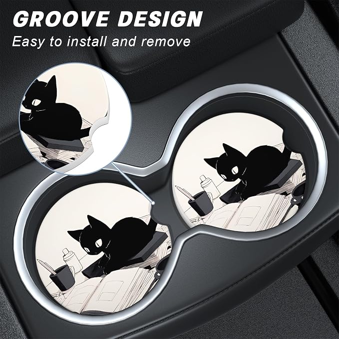 Aiawoxc Car Cup Holder Coasters, 2 Pack Universal Auto Anti Slip Insert Coaster with A Finger Notch, Cup Mat for Most Car Interior, Cute Reading Cat