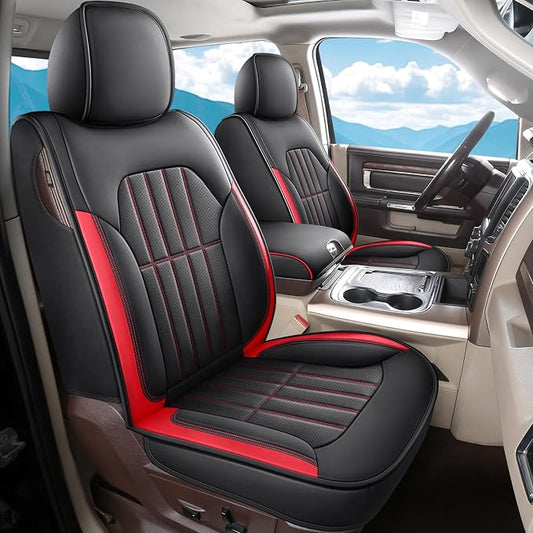 Truckiipa Dodge Ram 2 Front Seat Covers Custom Fit for 2002-2025 2026 1500 2500 3500 Pickup Crew Double Quad Cab Laramie Big Horn Full Coverage Waterproof Leather Truck Seat Protectors, Red
