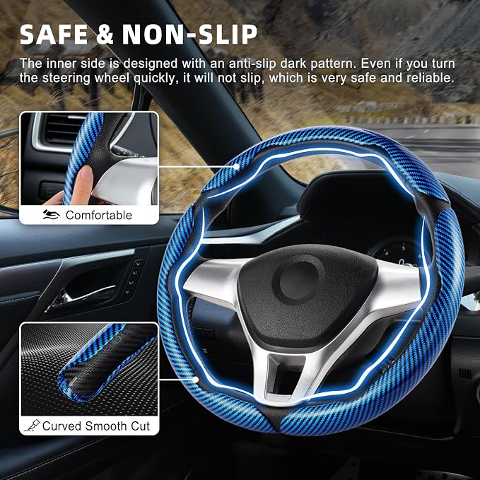 Amiss 3pcs Carbon Fiber Anti-Skid Steering Wheel Cover, Waterproof Design, Universal Fit for 14-16 Inch Car Wheel Cover, Interior Car Accessories for Jeeps, SUVs, Trucks (Glossy Blue)