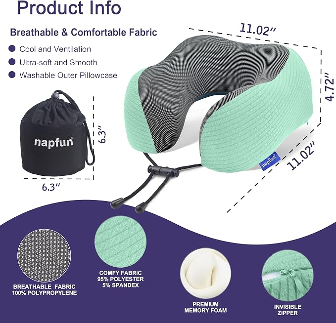 napfun Neck Pillow for Traveling, Upgraded Travel Neck Pillow for Airplane 100% Pure Memory Foam Travel Pillow for Flight Headrest Sleep, Portable Plane Accessories, Turquoise