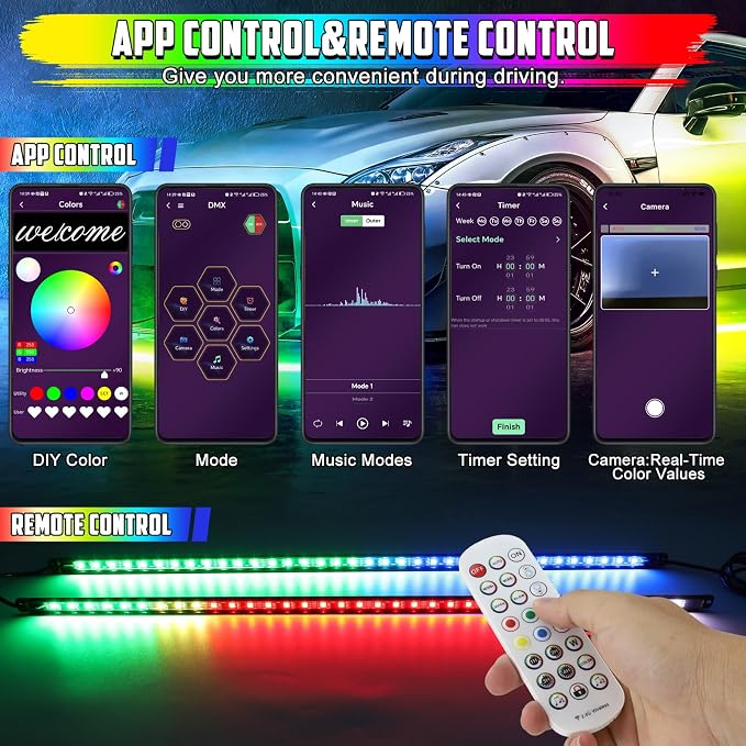 8PCS Led Underglow Light for Car,Dream Color Chasing Underglow Light Kit with APP&Remote Control,Waterproof Aluminum Exterior Underbody Multicolor Music Sync Neon Accent Lights-2 Year Warranty