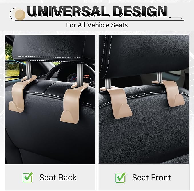 SINGARO 4 Pack Car Seat Headrest Hooks, Vehicle Back Seat Hanger Storage Organizer for Purse Handbag Backpack Coat Grocery, 360° Rotating Heavy Duty Holds 44lbs, Beige