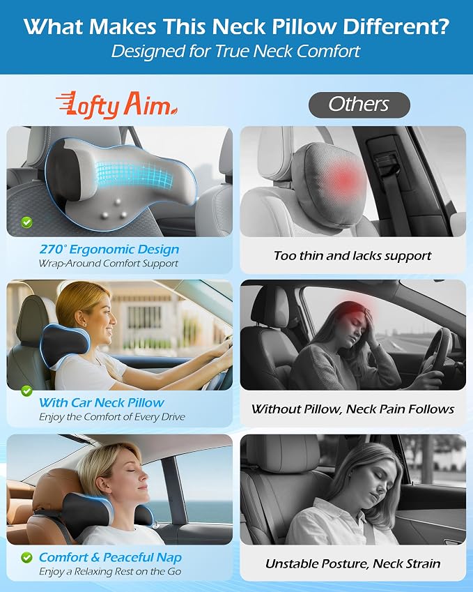 Lofty Aim 2 Pack Car Neck Pillow, Car Headrest Pillow | Ergonomic Memory Foam Headrest Pillow for Driving, Adjustable Neck Support Cushion, Head Rest Pillows for Car Seat, Gray