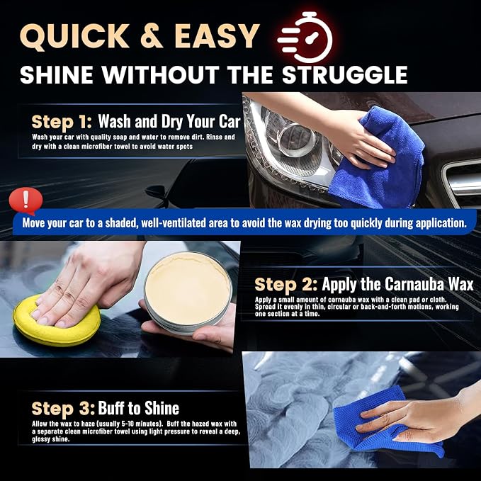 SHIELDOM Car Wax Polish Ceramic Coating Carnauba Wax Extra Gloss Paint Sealant Polishing Long Lasting Shine Hydrophobic for Cars, Trucks, SUVs, RVs with Microfiber Towel & Applicator Pad - 3.5oz/100g