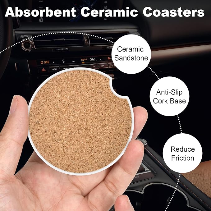 2 Pack Car Cup Holder Coaster, 2.63 inch Anti Slip Insert Absorbent Ceramic Car Coaster with Cork Base and Finger Notch, Cute Car Accessories Interior for Women, Cute Car Coasters.