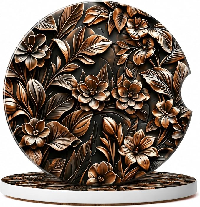2Pack Car Cup Holder Coasters Absorbent Ceramic Coaster 2.56" for Women & Men Auto Accessories (Ceramic Classical Copper Color)