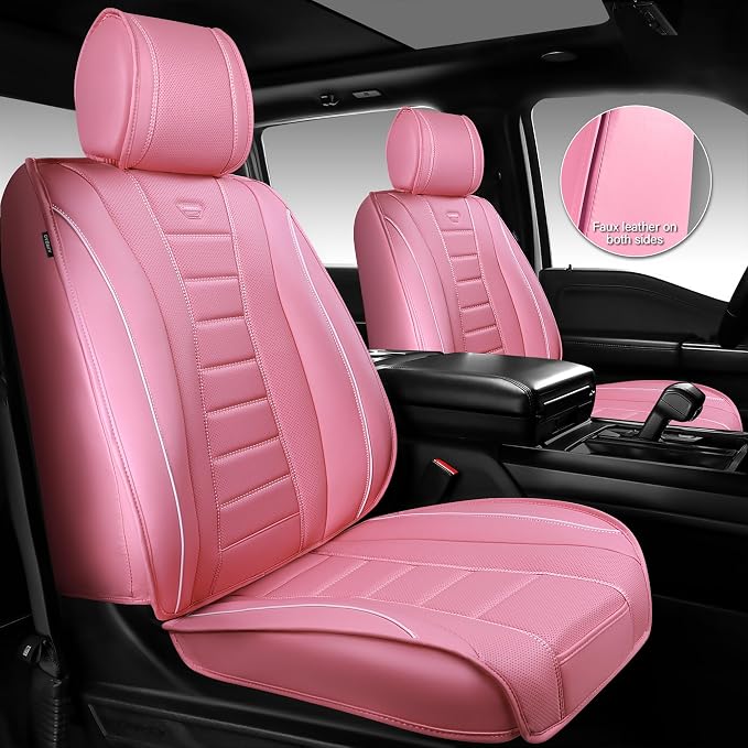 CAR PASS Nappa Leather Car Seat Covers Full Set, Pink Seat Covers, 3D Foam | Luxury Waterproof Universal FIT Piping Leather Car seat Cover Full Set, 3D Foam Breath Perforated leather seat covers
