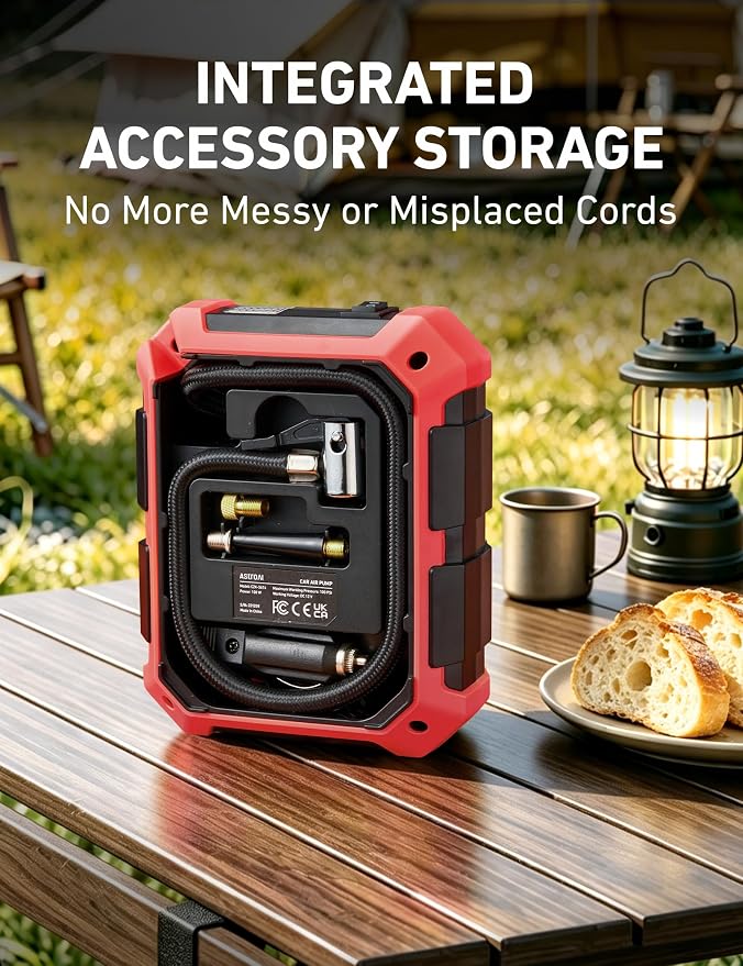 AstroAI Tire Inflator Portable Air Compressor 12V DC 100PSI, Integrated Storage, Digital Gauge, Auto Shut-Off Fast Inflation LED Light, Air Pump for Car Tires Bike Motorcycle Other Inflatables, Red