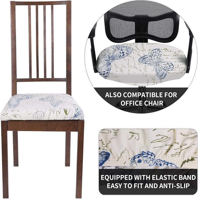SearchI Seat Covers for Dining Room Chairs Stretch Printed Chair Seat Covers Set of 4, Removable Washable Upholstered Chair Seat Protector Cushion Slipcovers for Kitchen, Office(Butterfly Pattern)