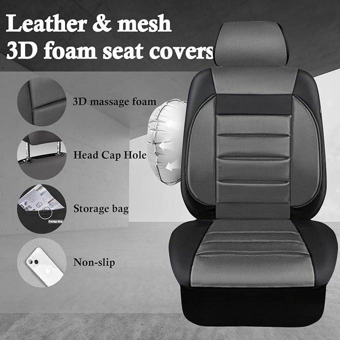 CAR PASS Leather Seat Covers Full Set Universal Water Resistant 3D Foam Back Support, Luxury Comfort Automotive 5 Seat Covers All Season Fit for SUV,Sedan,Van, Airbag Compatible Elegance(Gray Black)