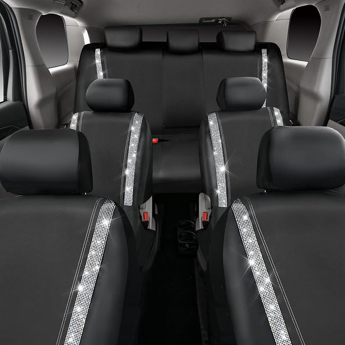 CAR PASS Bling Diamond Car Seat Covers, Shining Rhinestones Waterproof Faux Leather, 7 Seats 3 Rows with Zipper Glitter Crystal Sparkle Strips Universal Fit 95% MPV,SUV,CAR for Women Girl, Silver