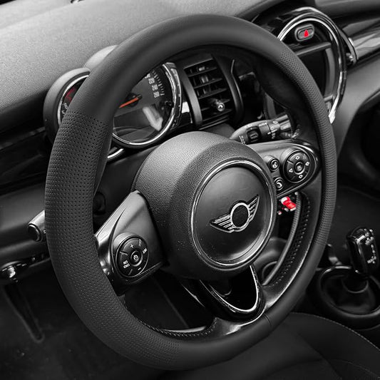 PINCTROT Nappa Leather Steering Wheel Cover, Slim Fit No Bulk Design, One Piece Leather with Breathable Perforation, Fit Like Gloves, Universal 14.5-15 Inch(Nappa Black)