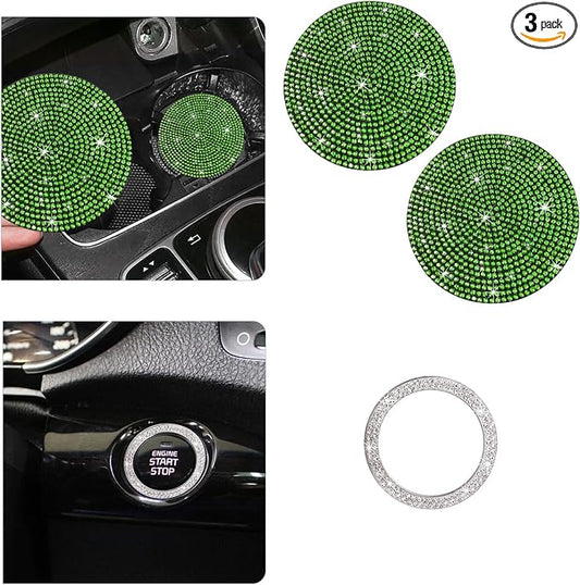 Ziciner 2 Pack Bling Car Cup Holder Coaster, Anti-Slip Auto Insert Coaster with Start Stop Button Cover, Universal Shiny Crystal Vehicle Interior Accessories for Women and Girls (Light Green)