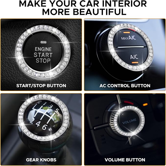 EcoNour Bling Cup Holder Insert (2 Pack) with Push Start Button Ring (1 Pack) | 2.75 Inch Silicone Coaster Pad and 1.5 Inch Ring with Elegant Crystal Rhinestone | Car Interior Accessories (Black)