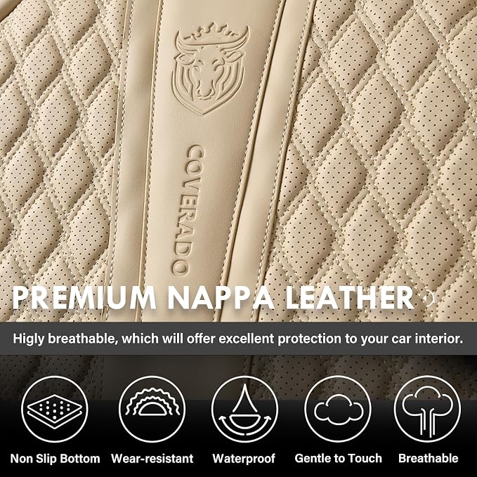 Coverado Front Seat Covers, Car Seat Covers Front Seats, Nappa Leather Seat Covers for Cars, Waterproof Seat Covers with Lumbar Support Universal Fit for Most Cars SUV Trucks (Front, Beige)