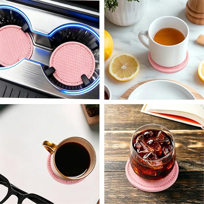 BFXM 4 PCS Bling Cup Holder Coasters for Car, 2.75 inch Diamond Universal Non-Slip Pink Silicone Cup Holder Coasters, Sparkly Bling Car Accessories for Women(White Diamond)