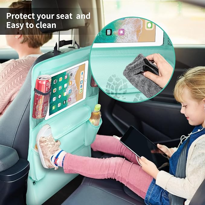 LUCMO Car Backseat Organizer with Touch Screen Tablet Holder, Light Blue | 9 Storage Pockets,Clear Tablet Holder,Protectors Kick Mats,Travel Accessories,Seat Cover,Road Trip Essentials