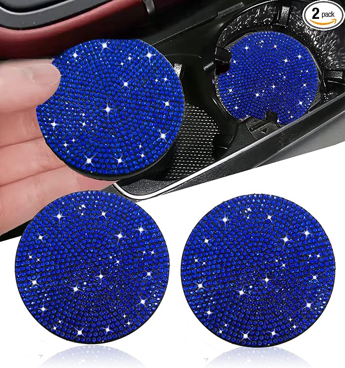NBTEPEM 2pcs Bling Car Cup Holder Coaster, 2.75 inch Anti-Slip Shockproof Universal Fashion Car Coasters Insert Bling Crystal Rhinestone Automotive Interior Accessories for Women (2 pcs, Blue)