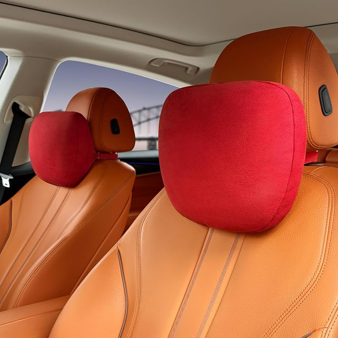 2pcs Car Neck Pillow for headrests,Support Drive Seats Head Cushion Pillows,Superfiber Suede,Plant-Based Polyester,Thickness & Height Adjustable,11.8x7.5,Inner Liner fillable(Bright Red)
