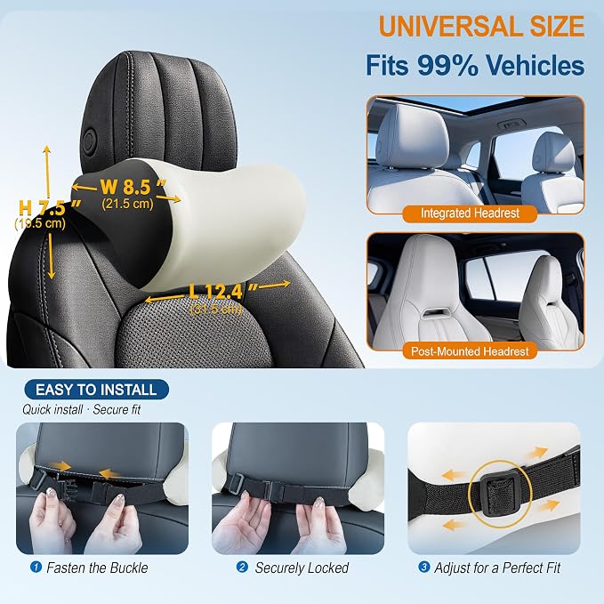 Allaboutsla 2-Pack Car Neck Pillow, Car Headrest Pillow for Neck Support | Memory Foam Car Neck Pillow for Driving with Neck Support, Adjustable Strap, Head Rest Pillow for Long Drives, Trucks, Beige