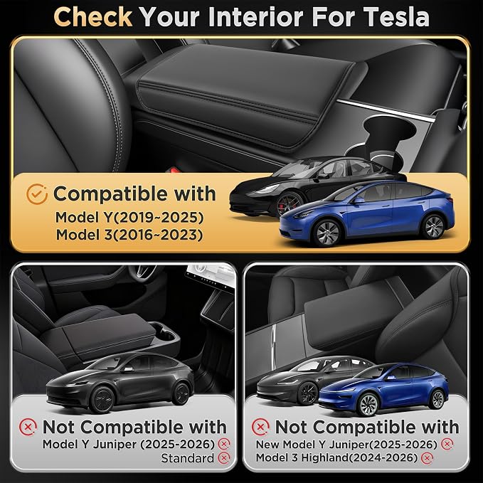 for Tesla Model Y (2020-2024) & Model 3(2021-2023) Leather Center Console Cover [Soft Touch & Match Seat Color] Armrest Cover for Tesla Model 3 & Model Y Accessories Black