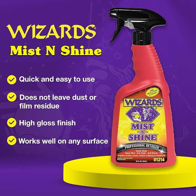 Wizards Mist-N-Shine Quick Detailer Spray - Waterless Wash - 22 oz | Anti-Static Formula for Paint, Chrome, Glass, Plastic, and Rubber Trim, Wax-Free, No Petroleum Solvents, Cars, Bikes, Boats