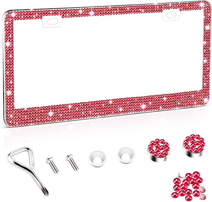Amiss Bling License Plate Frame for Women, 1Pack Rhinestone Handcrafted Crystal Premium Stainless Steel, Stainless Steel Car Accessories with Diamond Sparkle Glitter Caps (Red)