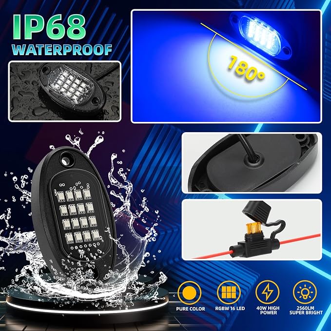 20 Pods RGB LED Rock Lights, Waterproof Red Green Blue Underglow Kit for Semi Trucks Boat Trailer Offroad Pickup RV Van Bus 12V