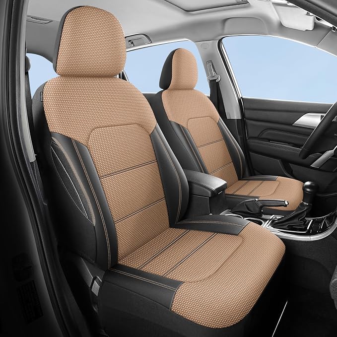 HChengkikz Front Car Seat Covers, Air Mesh, Breathable (Black + Beige) | Airbag Compatible, Automotive Comfort Protection, Universal Fit for Most Cars,Trucks,SUVs