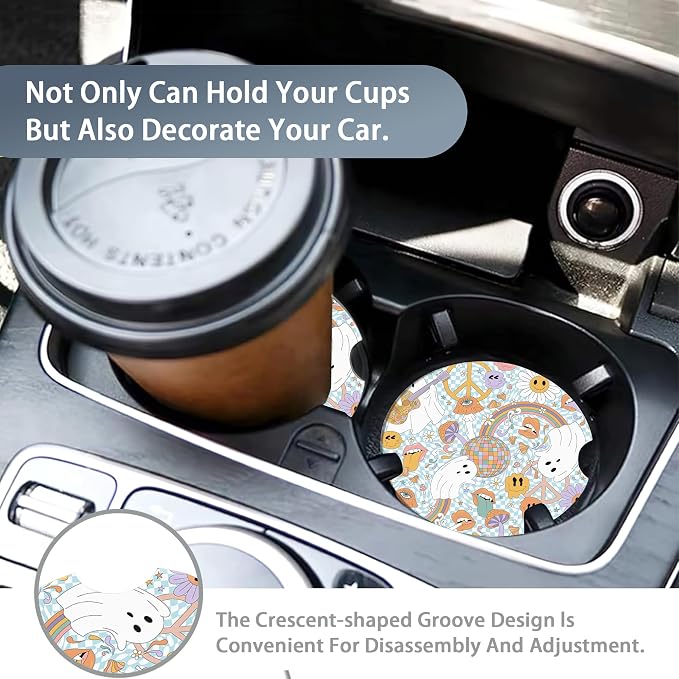 Car Coasters 70s Groovy Mushroom for Women 2 Pack,Retro Ghost Rainbow Absorbent Car Coasters for Cup Holders Insert Ceramic Anti Slip with Finger Notch & Cork Base Auto Accessories Gifts
