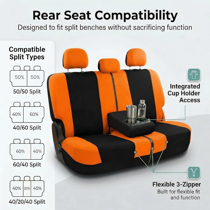 FH Group Universal Car Seat Covers Full Set for SUV Truck Sedan Vans | Waterproof All-Purpose Cloth Seat Cover Set Airbag Compatible Washable Split Bench Protector Interior Upgrade - Orange