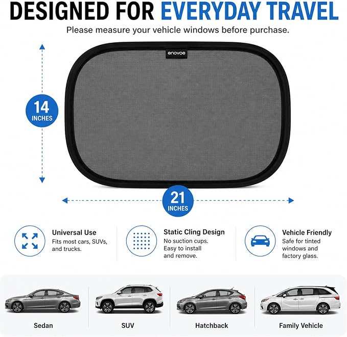 Enovoe Car Window Shades for Baby 2-Pack - 21" x 14" Inches Sun Shade Blocker, Cling Glare Shield and UV Rays Protection for Your Child - Side Windows Screens for SUV- Mesh Window Shades for car Baby