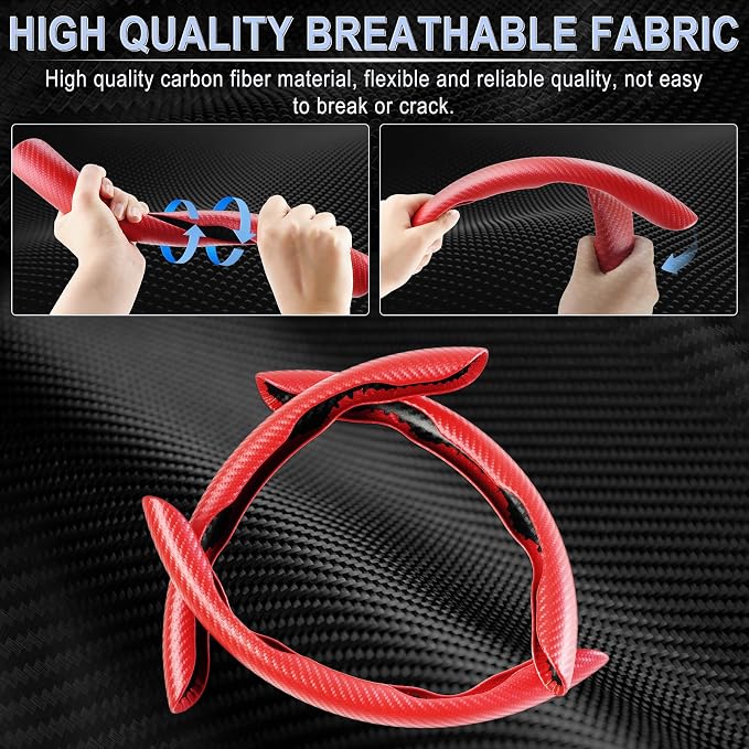 Amiss 3pcs Carbon Fiber Anti-Skid Steering Wheel Cover, Waterproof & Segmented Butterfly Design, Universal 99% Vehicle Wheel Cover Protector, Car Interior Accessories (Red-3pcs)