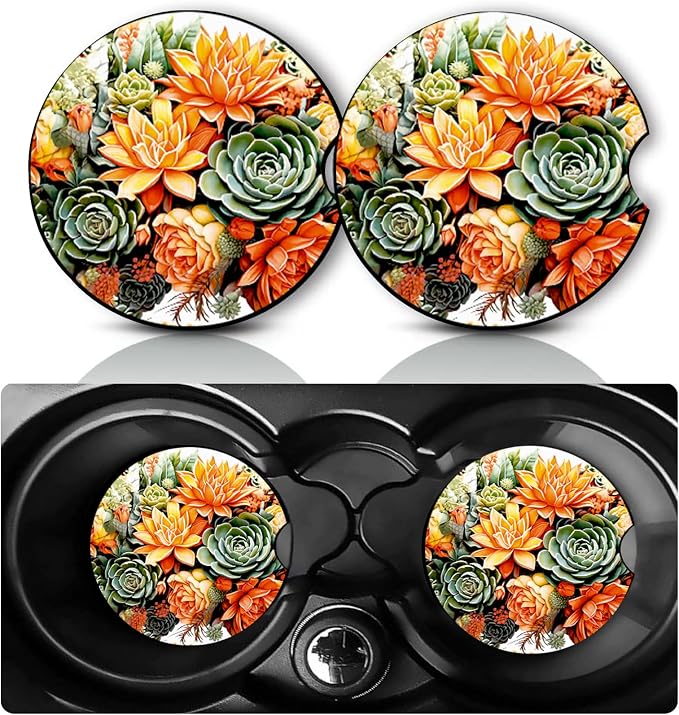 2 Pack Succulent Car Cup Holder Coasters Neoprene Anti Slip Rubber Mat | Succulents Car Accessories Interior Decor 2.75" Universal Size Insert Auto Coasters Succulent Gifts for Women Men