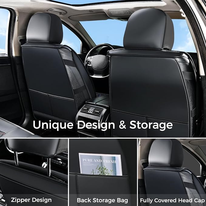 Huidasource Seat Covers Full Set, 5 Layers Full-Cover Leather Seat Cover Hollow Design Airbag Pops, Front ＆ Back Seat, Seat Covers for Most Cars, Vans, Trucks, SUVs Universal Fit (Full Set/Black)