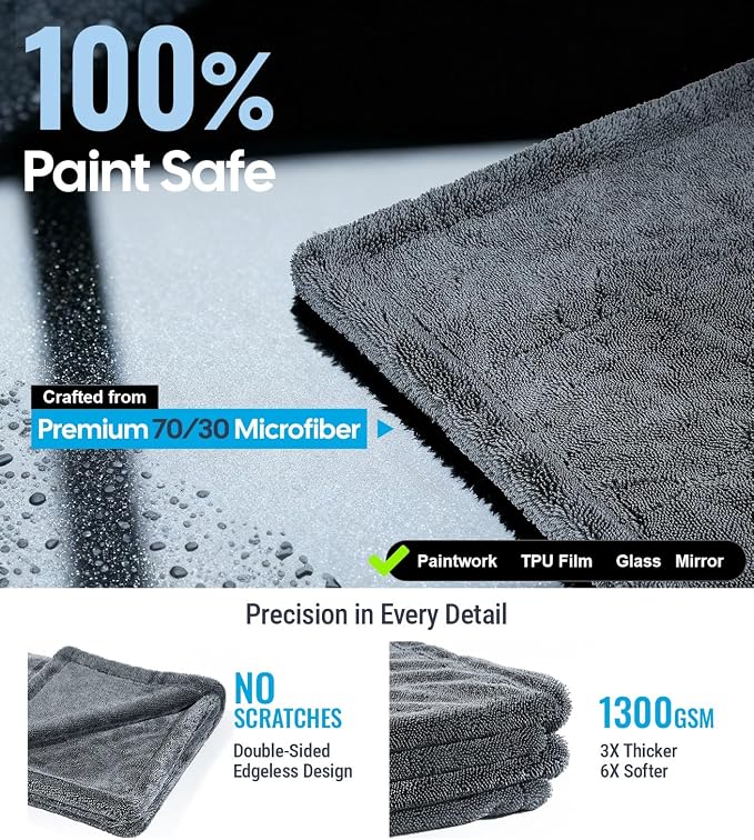 Wigoo Microfiber Car Drying Towel for Detailing, Cars, SUV, Truck (3 Sizes) | 1300 GSM, 36" x 24", Ultra-Absorbent, Streak-Free, Dual-Sided Edgeless Cleaning Towels with Twisted Loop