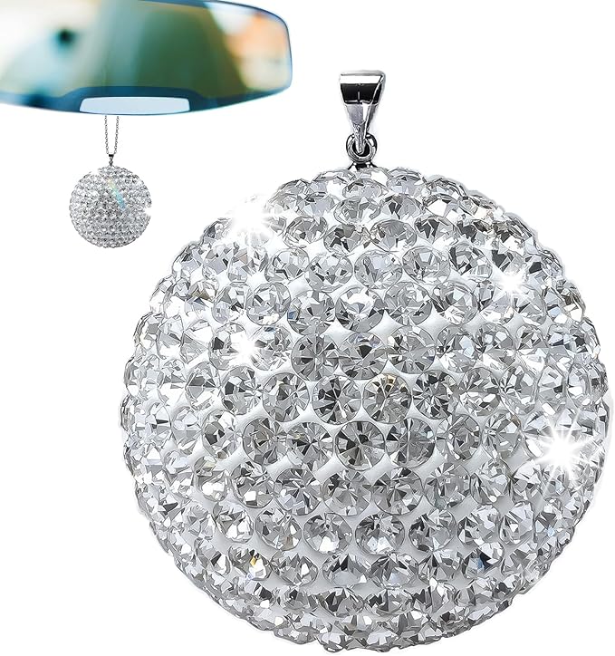 Bling Car Accessories - Elegant 1.37" Crystal Ball Rear View Mirror Charm with Hand-Set Sparkling Rhinestone and 17.7" Long Chain - Bling Rear View Mirror Accessories, Crystal Car Hanging Ornament