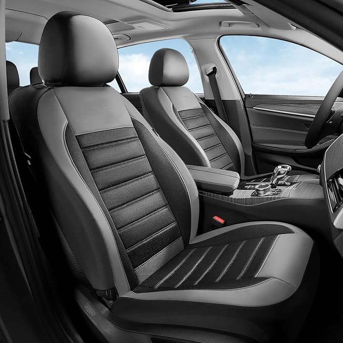 Coverado Car Seat Covers Full Set, Luxury Leather Car Seat Protector, Automotive Front and Rear Mesh Seat Covers, Full Set 5 Seats, Black Gray Seat Cushion for SUV Sedan Truck