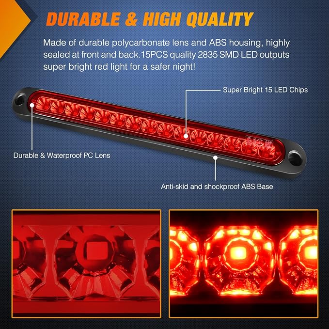 Nilight Trailer Light Bar 2PCS 10" 15 LED Red Park Stop Turn Tail Lights | IP67 Waterproof Marker ID Clearance Strip For Truck Golf Cart Pickups Boats