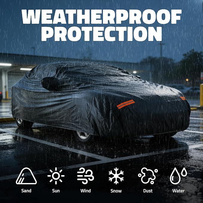 Mockins 190"x75"x47" Midsize Sedan Car Cover Waterproof All Weather Fit | Dual-Layer 250G PVC + Cotton Indoor & Outdoor Car Covers for Automobiles | Heavy Duty Full Exterior Covers with Strap & Bag